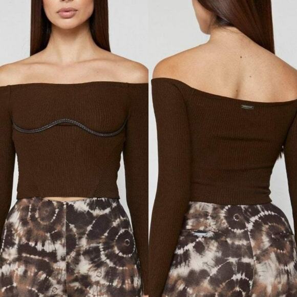Maniere De Voir Black Rib Sculpt Knit Off-Shoulder Crop Top Clubbing Going Out - Picture 1 of 11